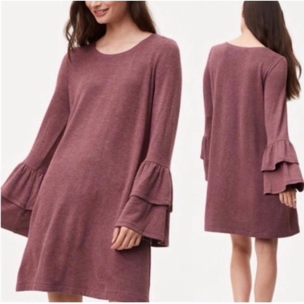LOFT Burgundy Heathered Long Sleeve Ruffle‎ Bell Sleeve Dress Size S